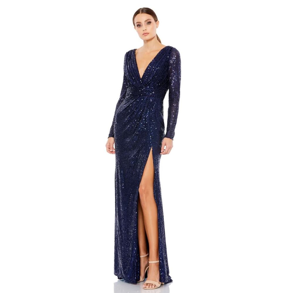 Mac Duggal 26490 Midnight‎ Blue Sequined Long Sleeve V-Neck Cocktail Gown